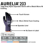 Aurelia 203 Grey Nylon Spandex Gloves with Black Micro Nitrile Foam Coating