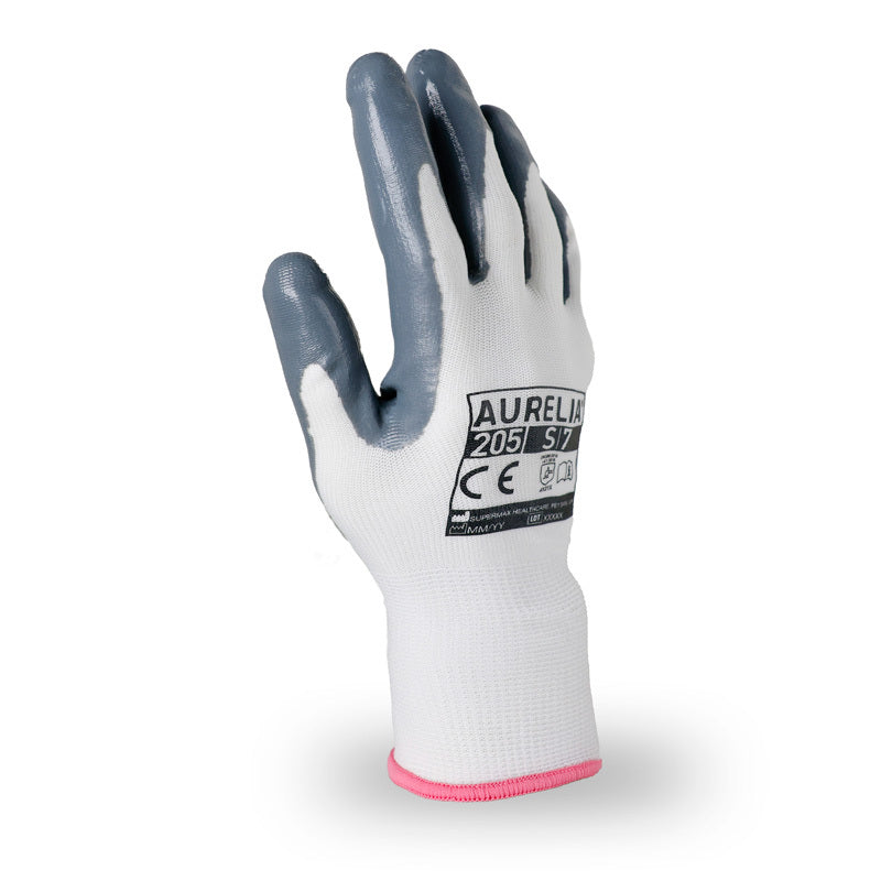 Aurelia 205 Grey Nitrile Palm Coated Inspection Gloves with White Nylon Liner