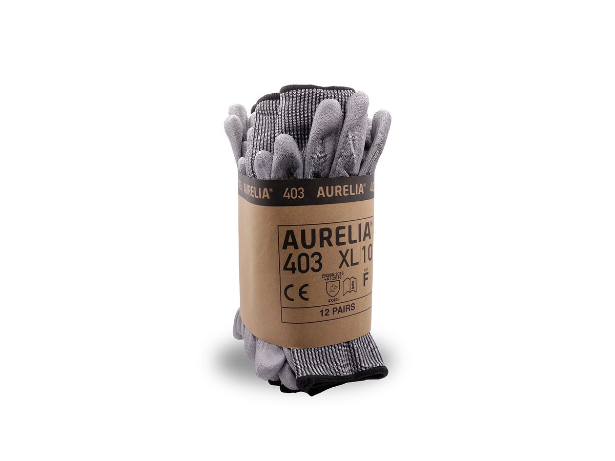Aurelia 403 cut F protective metalwork glove with grey PU coating