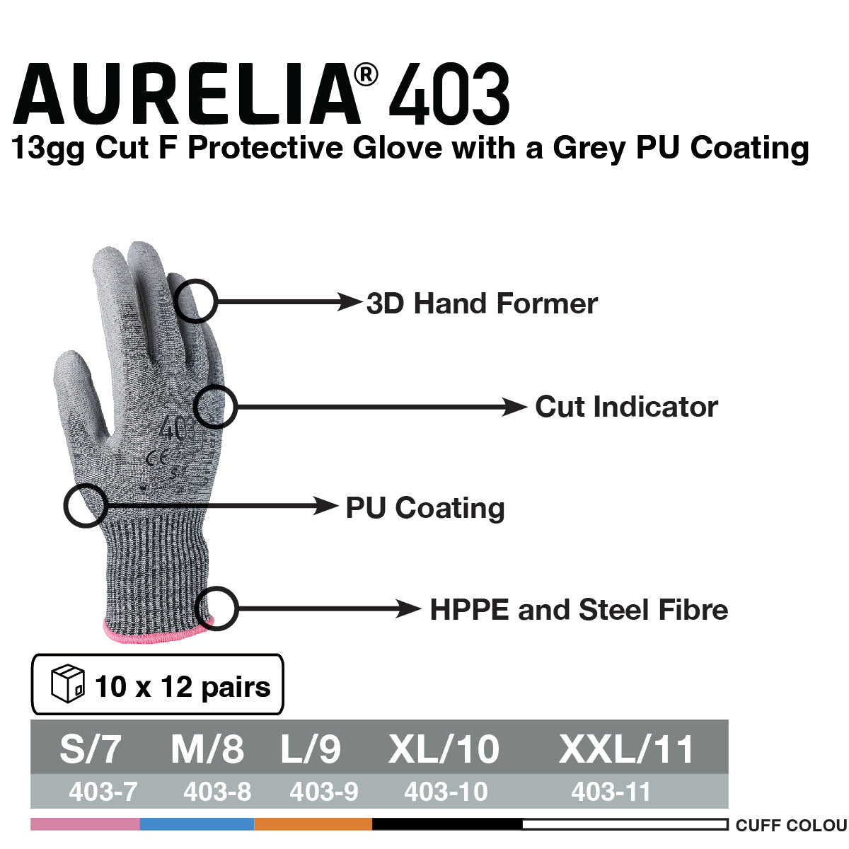 Aurelia 403 cut F protective metalwork glove with grey PU coating