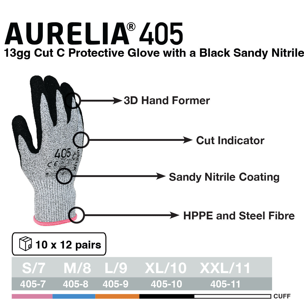 Aurelia 405 Cut C protective glove with black sandy nitrile coating