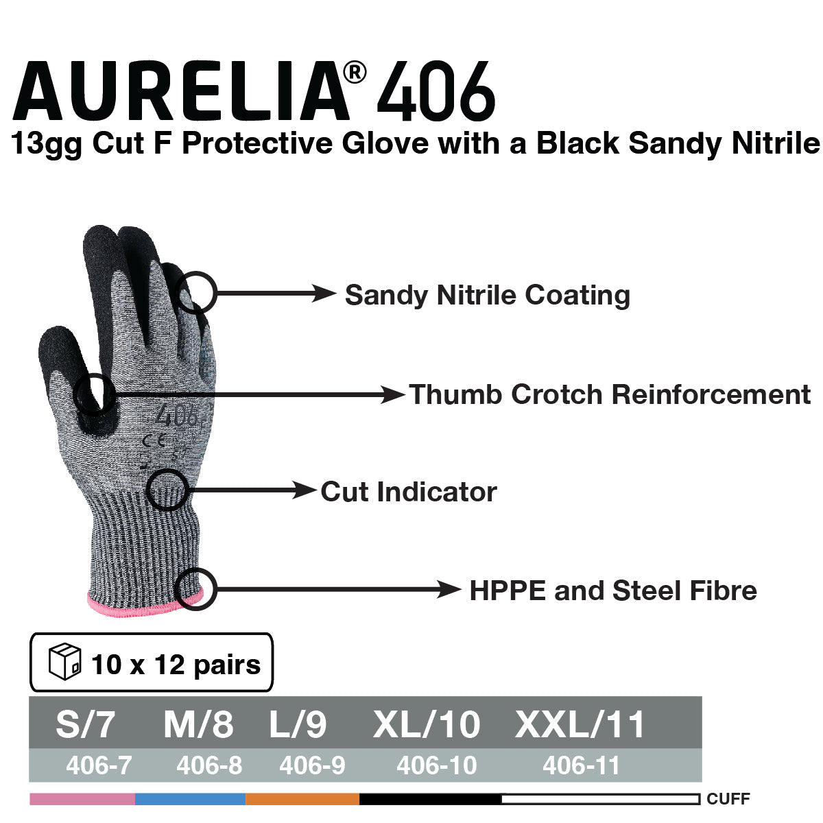 Aurelia 406 Cut F protective glove with black sandy nitrile coating