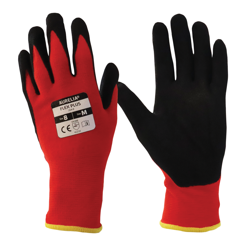 Aurelia 204 Black Sandy Nitrile Palm Coated Engineering Gloves with Red Nylon Spandex Liner